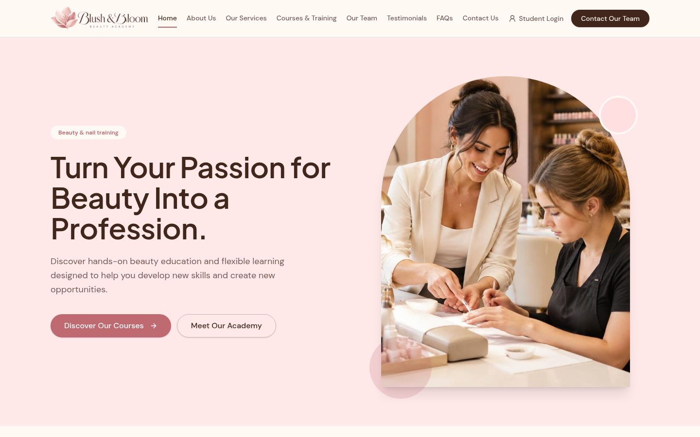 Blush & Bloom Beauty Academy demo website homepage