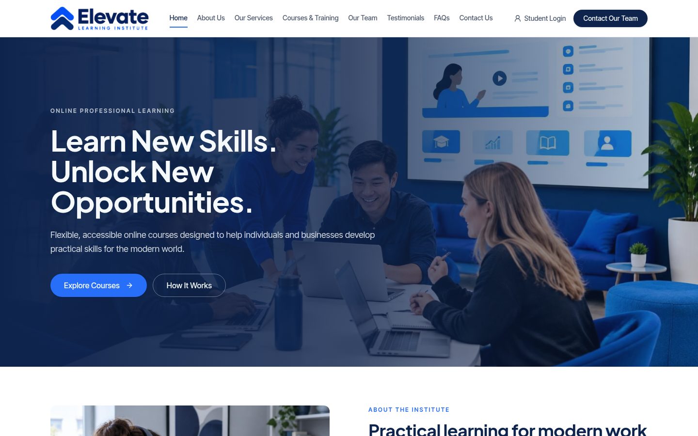 Elevate Learning Institute demo website homepage